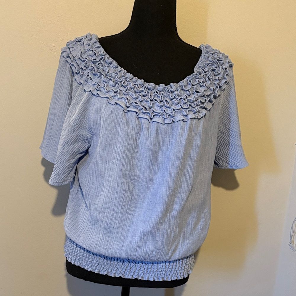 Versona Ruffled Off-Shoulder Blue Blouse